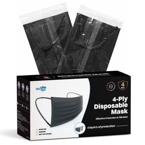 Wecare Individually Wrapped Disposable Face Masks, Black 4-Ply, 50PK WC-WMN100086-FACE-MASKS-4PLY-BK
